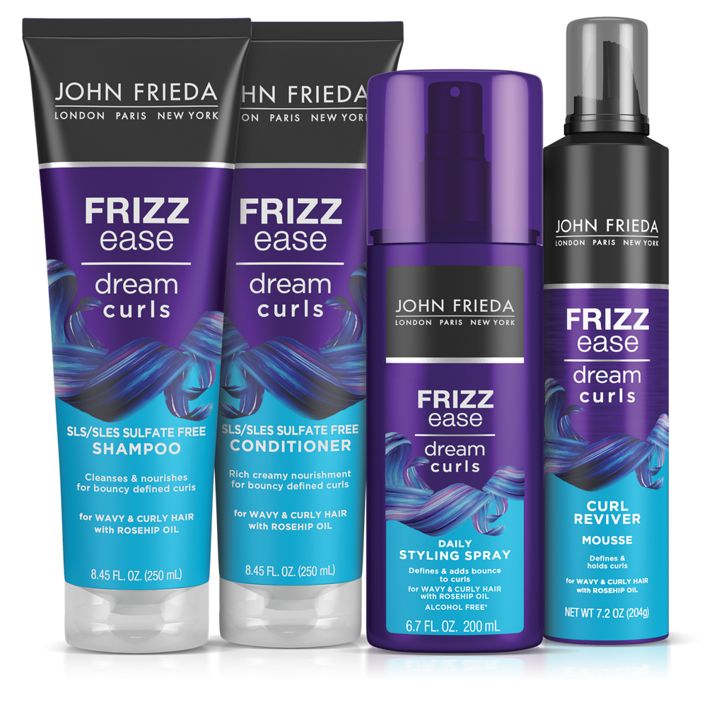 John Frieda Frizz Ease Dream Curls, SLS/SLES Sulfate Free Shampoo and Conditioner, Daily Styling Spray, and Curl Reviver.