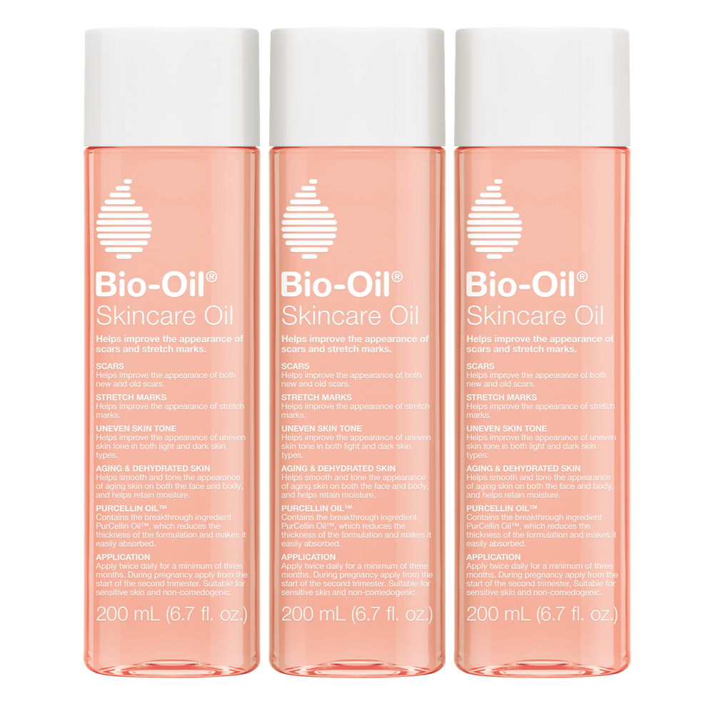 Three bottles of Bio-Oil Original 3 Month Bundle skincare oil.