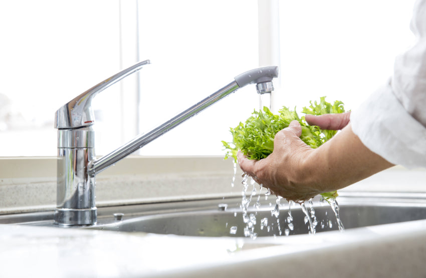 a woman cleaning leafy greens in the sink