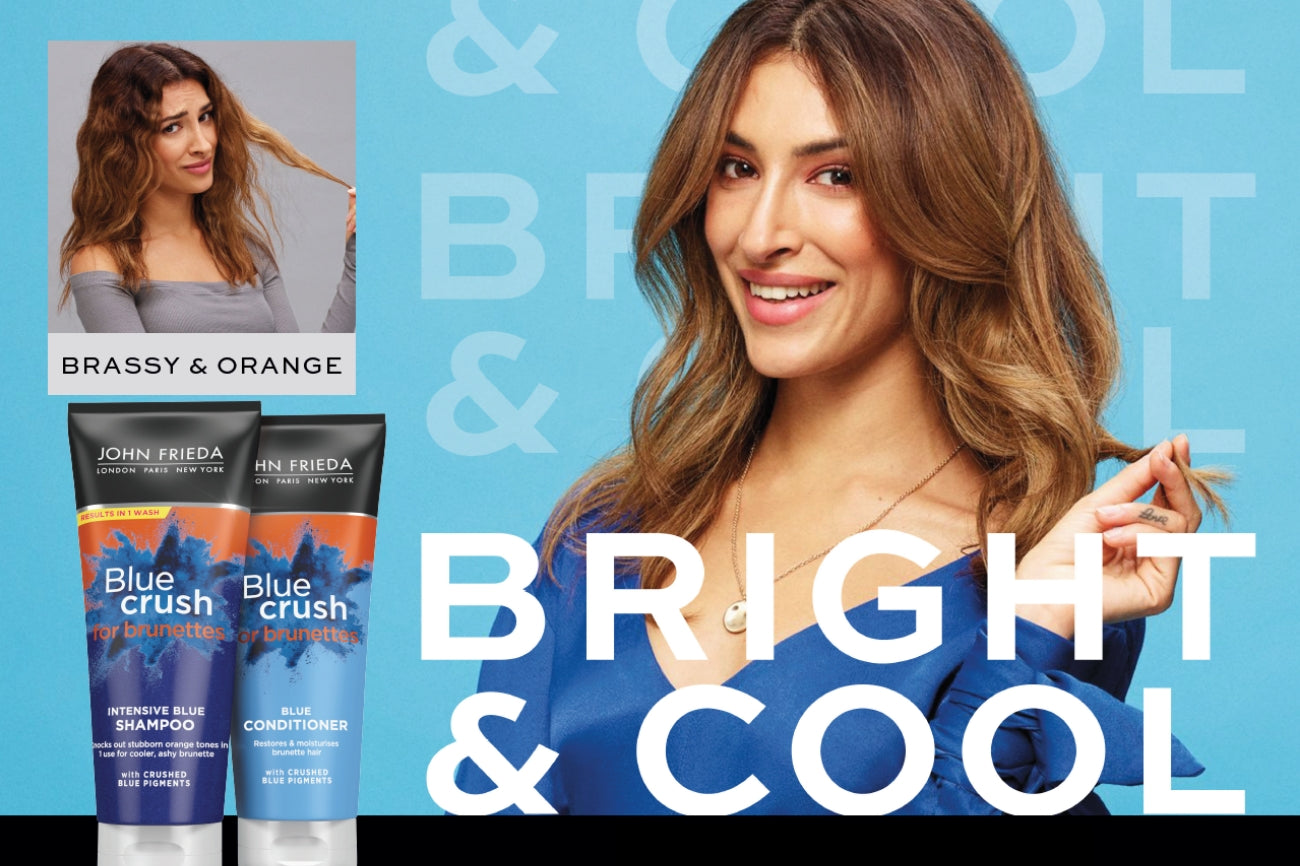 Woman with bright and cool brunette hair because of John Frieda Blue Crush