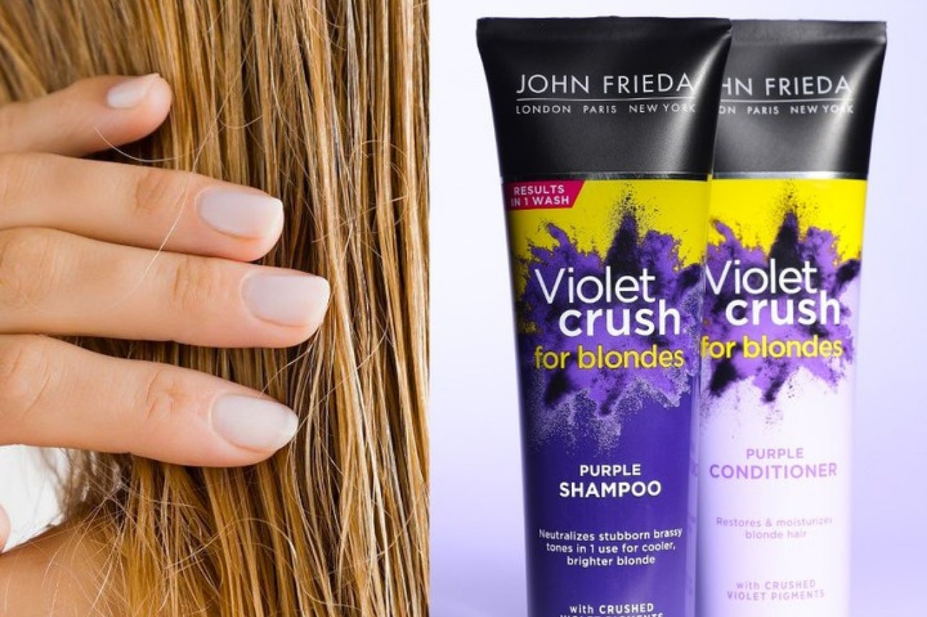 A woman with blonde hair who uses Violet Crush Shampoo and Conditioner
