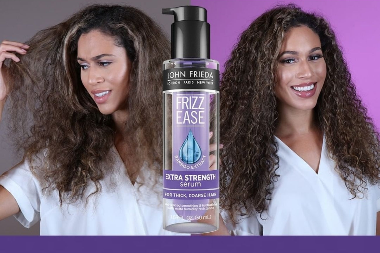 Before and after of woman using John Frieda Frizz Ease Extra Strength Serum