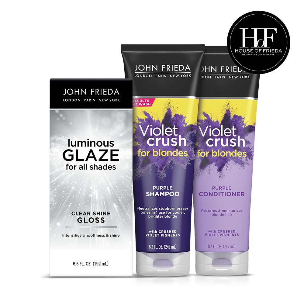 House of Frieda Carly Cardellino Violet Crush for Blondes Purple Shampoo and Conditioner + Luminous Glaze for All Shades Clear Shine Gloss.