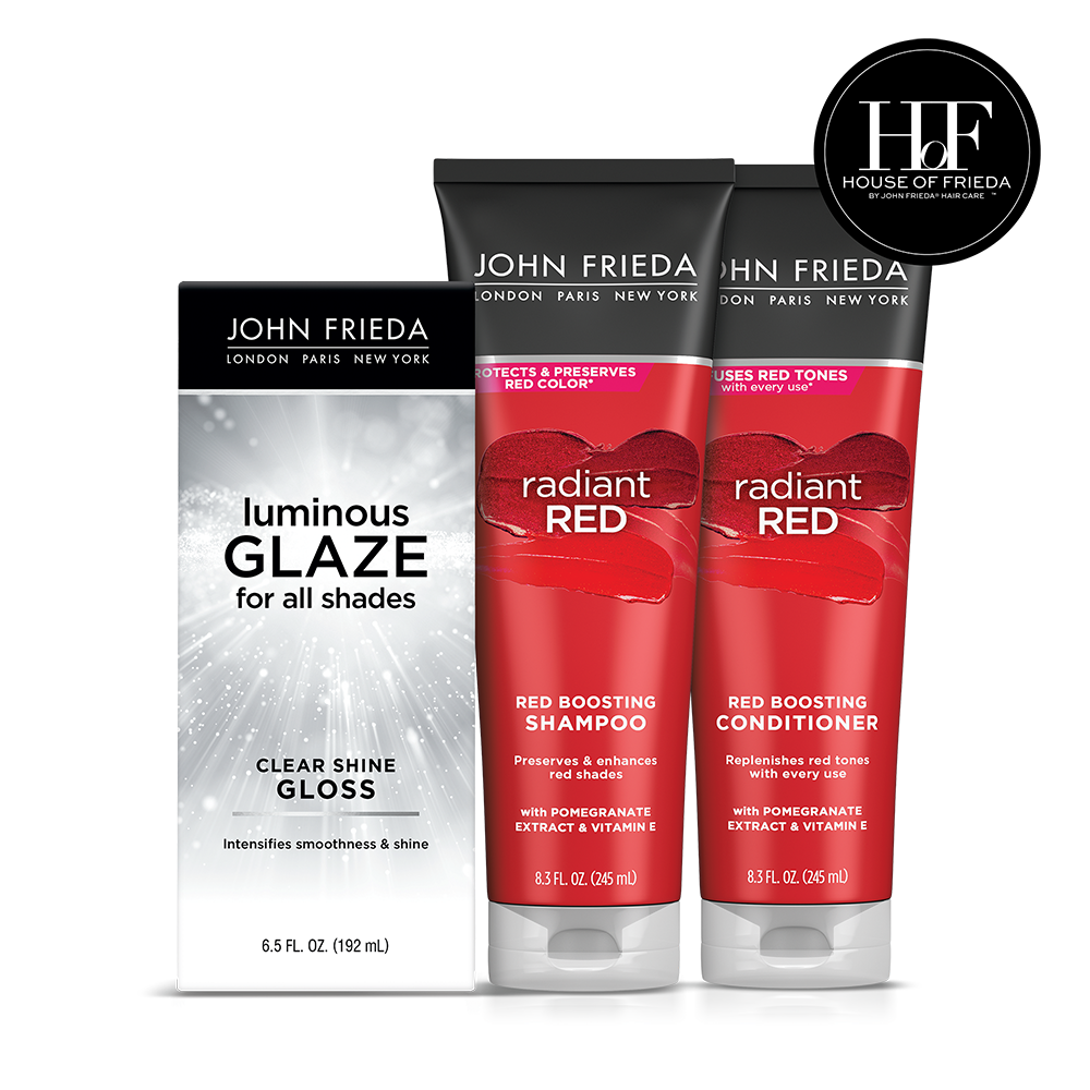Carly Cardellino's Radiant Red Bundle with John Frieda Red Boosting Shampoo and Conditioner and Luminous Glaze Clear Shine Gloss.