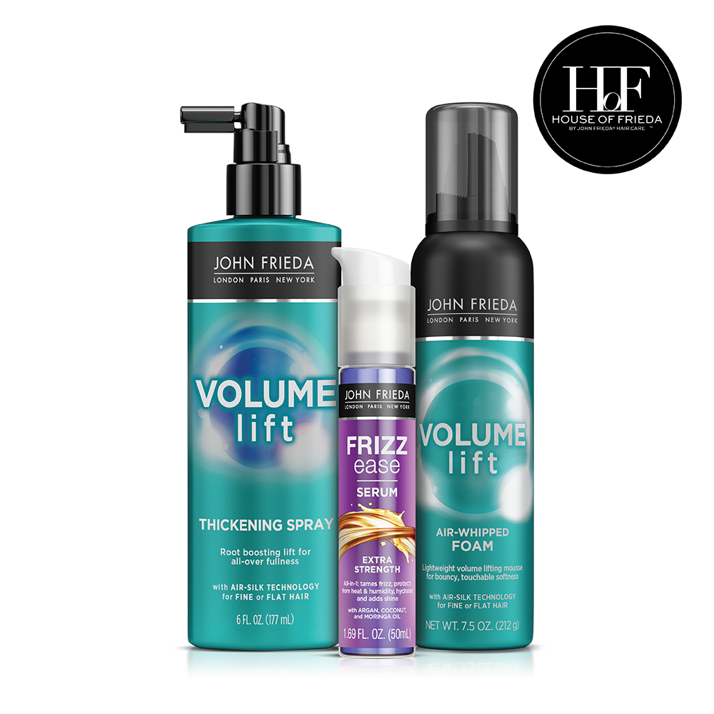 House of Frieda celebrity hairstylist Dave Stanwell's Red Carpet Essentials Bundle with John Freida Volume Lift Thickening Spray and Air-Whipped Foam + Frizz Ease Extra Strength Serum.