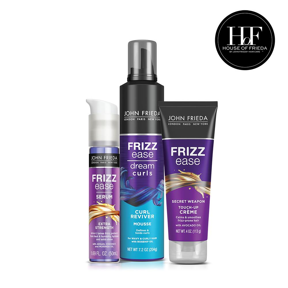 House of Frieda Elba Rodriguez's Frizz-Free Bundle with Frizz Ease Extra Strength Serum, Dream Curls Curl Reviver Mousse, and Frizz Ease Secret Weapon Touch-Up Creme.
