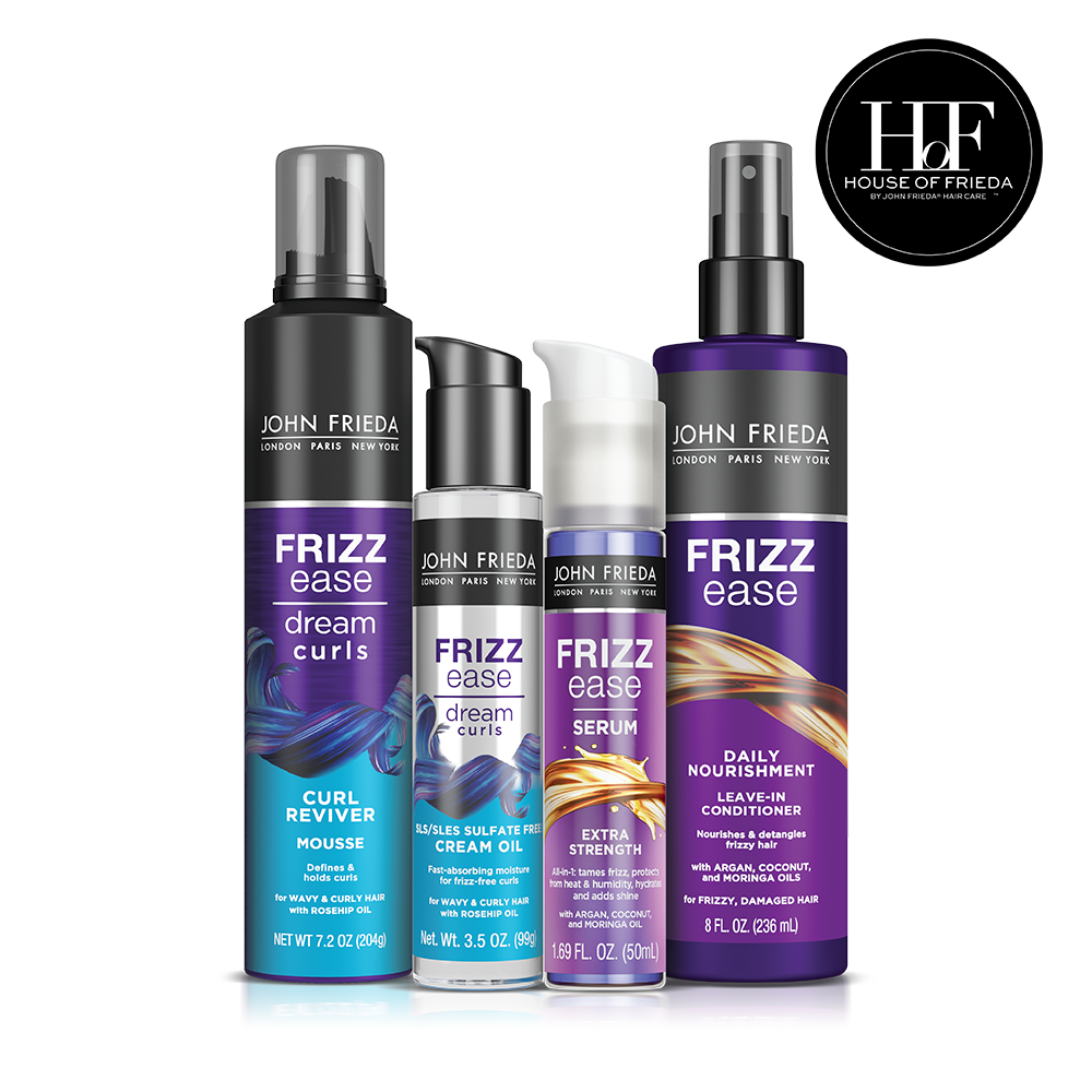 Marina Angioletti's Signature Curls Bundle with John Frieda Frizz Ease Dream Curls Curl Reviver Mousse, SLS/SLES Sulfate-Free Cream Oil, Extra Strength Serum, and Daily Nourishment Leave-In Conditioner.