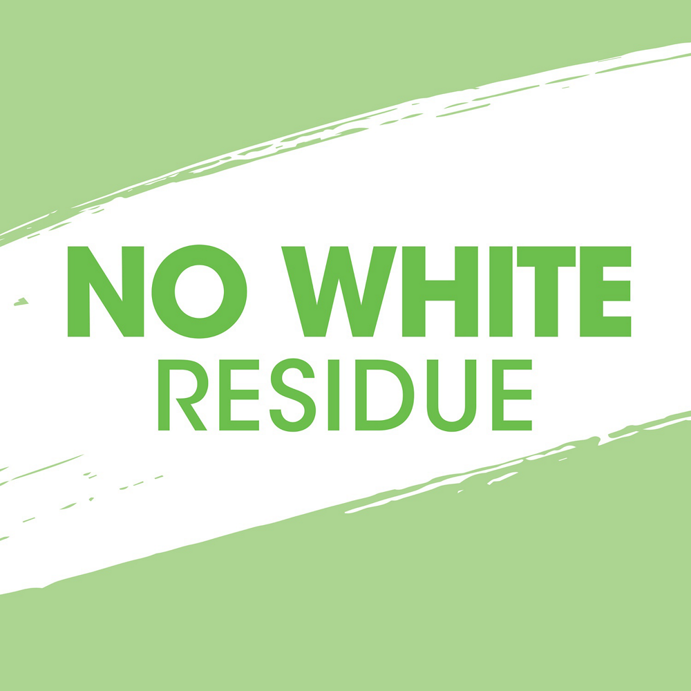 Green and white image with text that reads no white residue.
