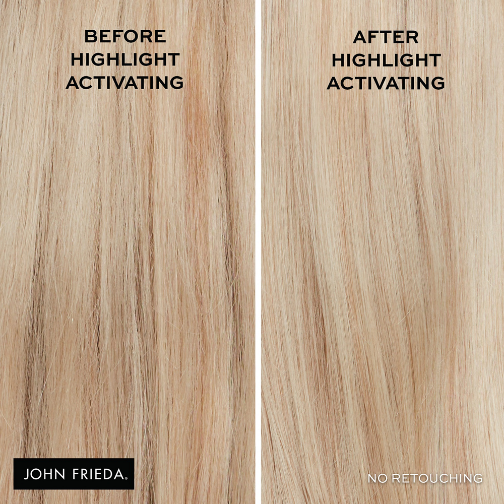 A before/after image of person using Highlight Activating Shampoo and Conditioner.