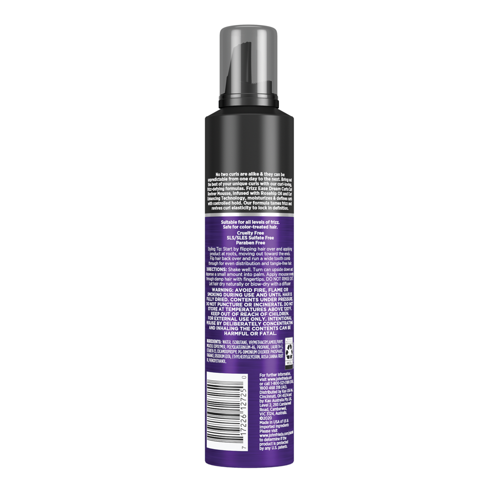 Back of Pack: Frizz Ease Dream Curls Curl Reviver Mousse.