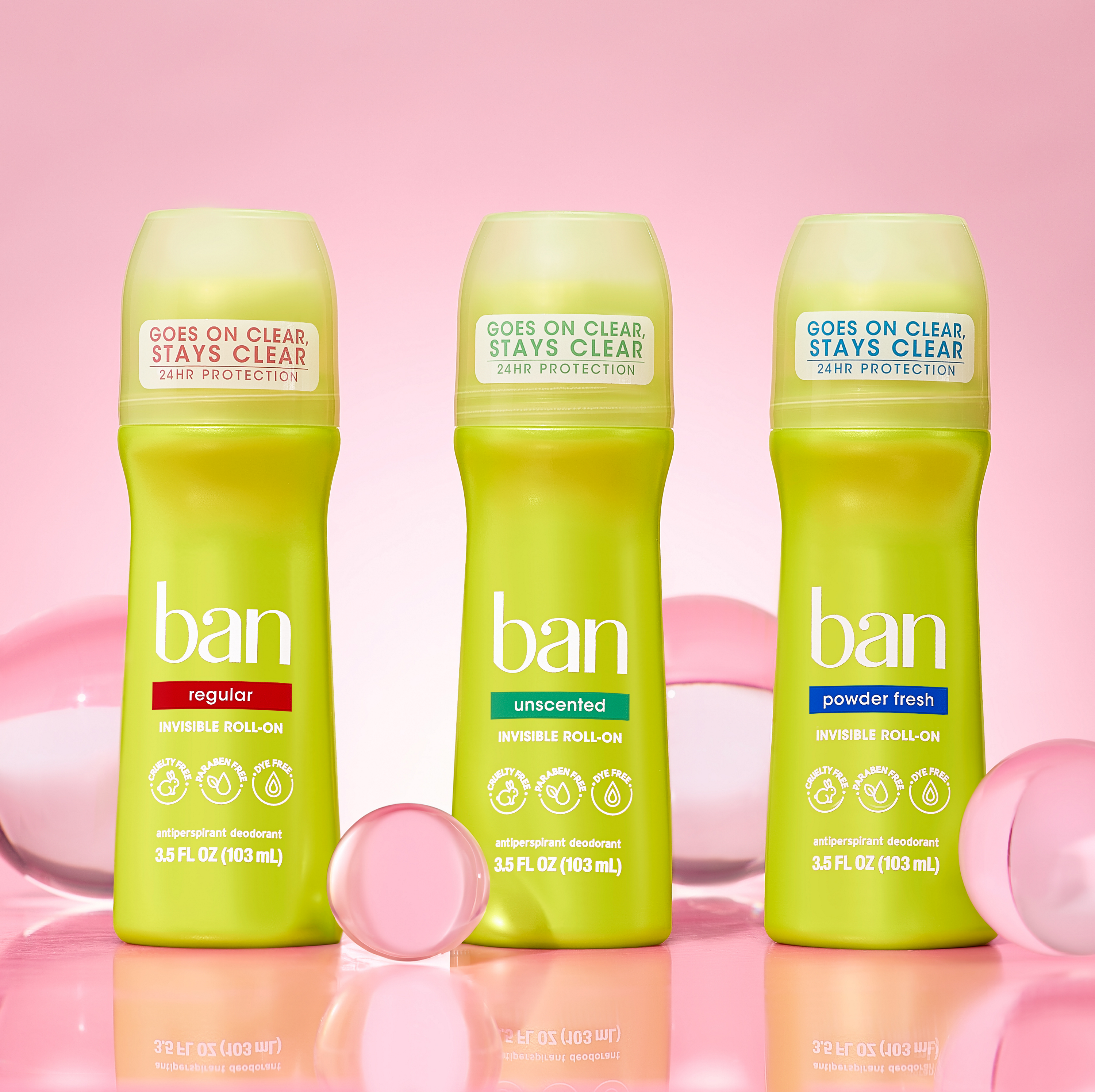 Pink image with clear balls including Three distinct Ban Antiperspirant Roll-On Deodorants in one bundle pack