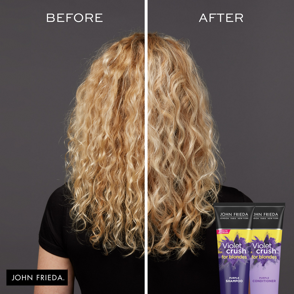 Before and after image of blonde with Violet Crush for Blondes Shampoo and Conditioner