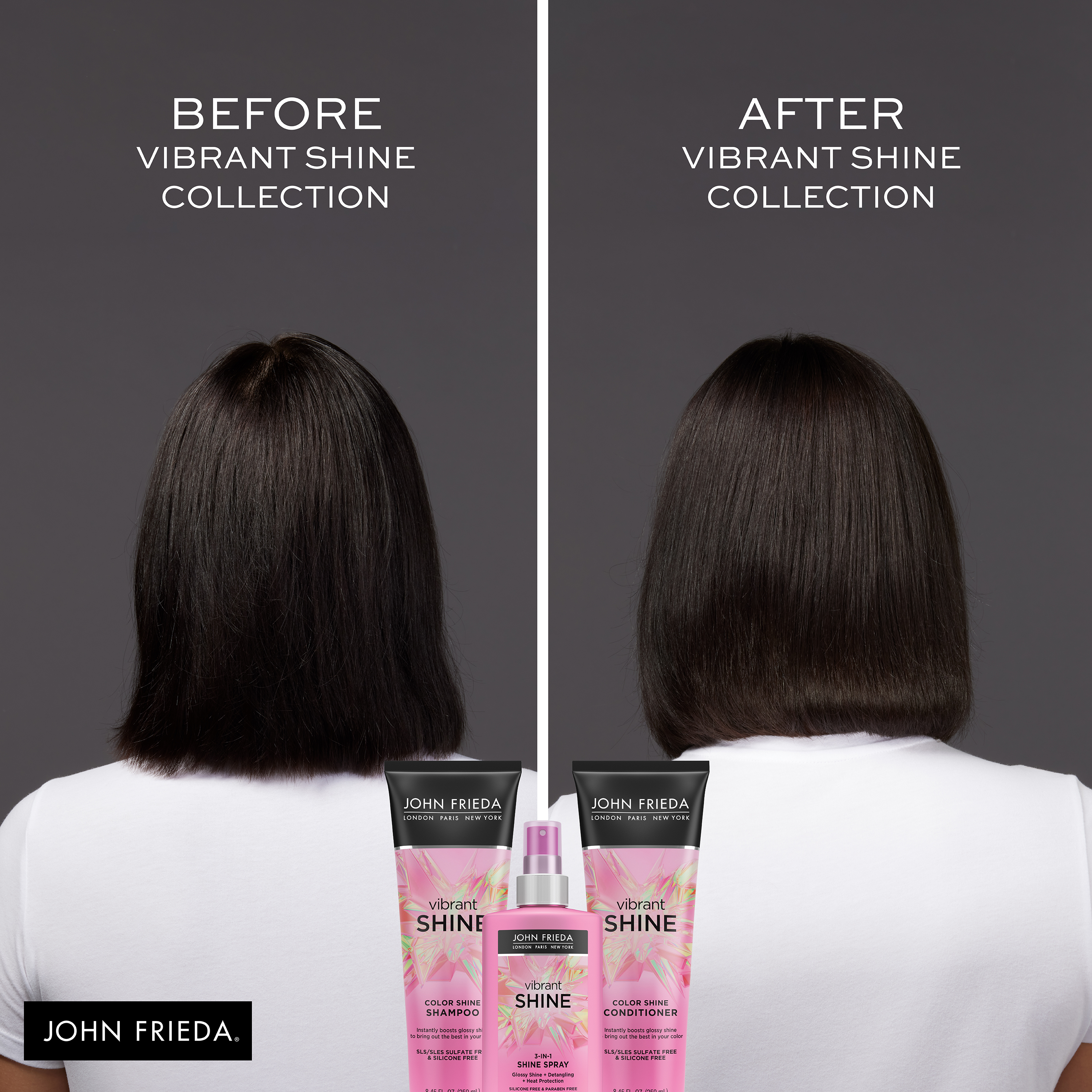 Before/after hair using the Vibrant Shine collection.
