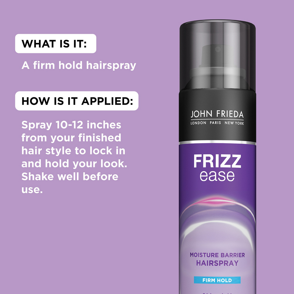 What is it: A firm hold hairspray. How is it applied: Spray 10-12 inches from your finished hair style to lock in and hold your look. Shake well before use.