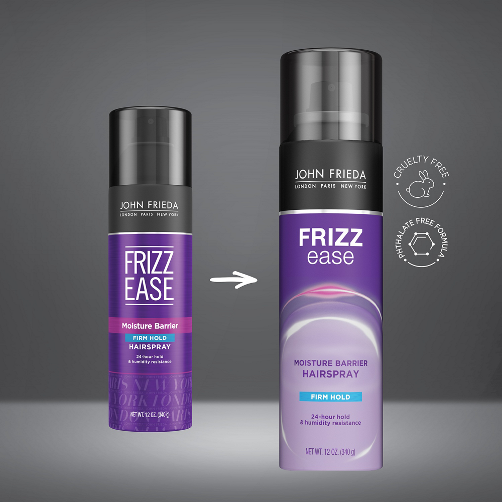 Updated Frizz Ease Moisture Barrier Firm Hold Hairspray packaging.