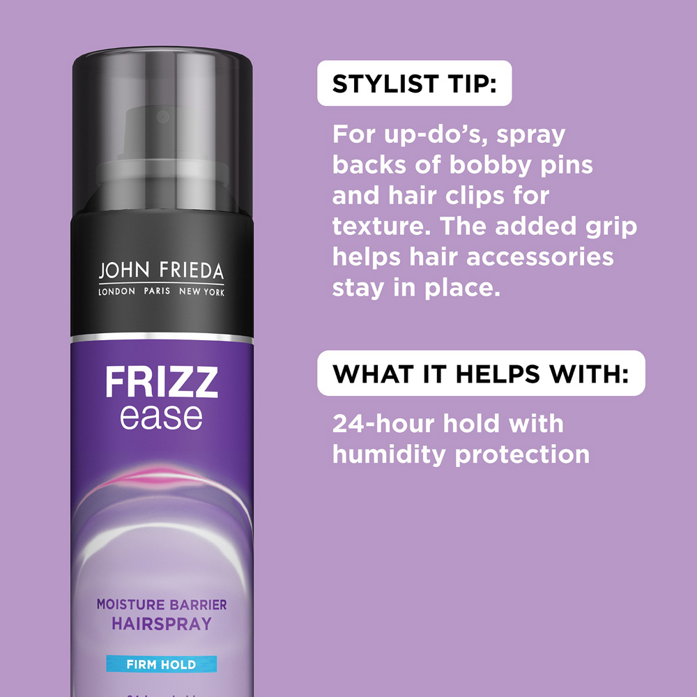 Stylist Tip: For up-do's, spray backs of bobby pins and hair clips for texture. The added grip helps hair accessories stay in place. What is helps with: 24-hour hold with humidity protection.