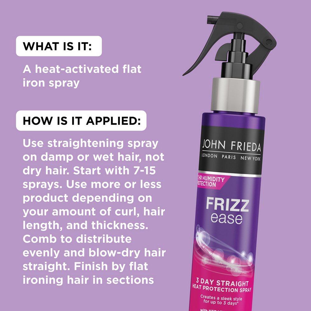 What is it: A heat-activated flat iron spray. To apply it, use straightening spray on damp or wet hair, not dry hair. Start with 7-15 sprays. Use more or less product depending on your amount of curl, hair length, and thickness. Comb to distribute evenly and blow-dry hair straight. Finish by flat ironing hair in sections.