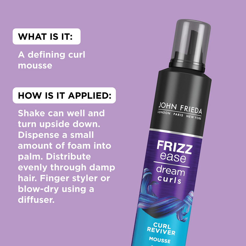What it is: A defining curl mousse. To apply it, shake can well and turn upside down. Dispense a small amount of foam into palm. Distribute evenly through damp hair. Finger styler or blow-dry using a diffuser.