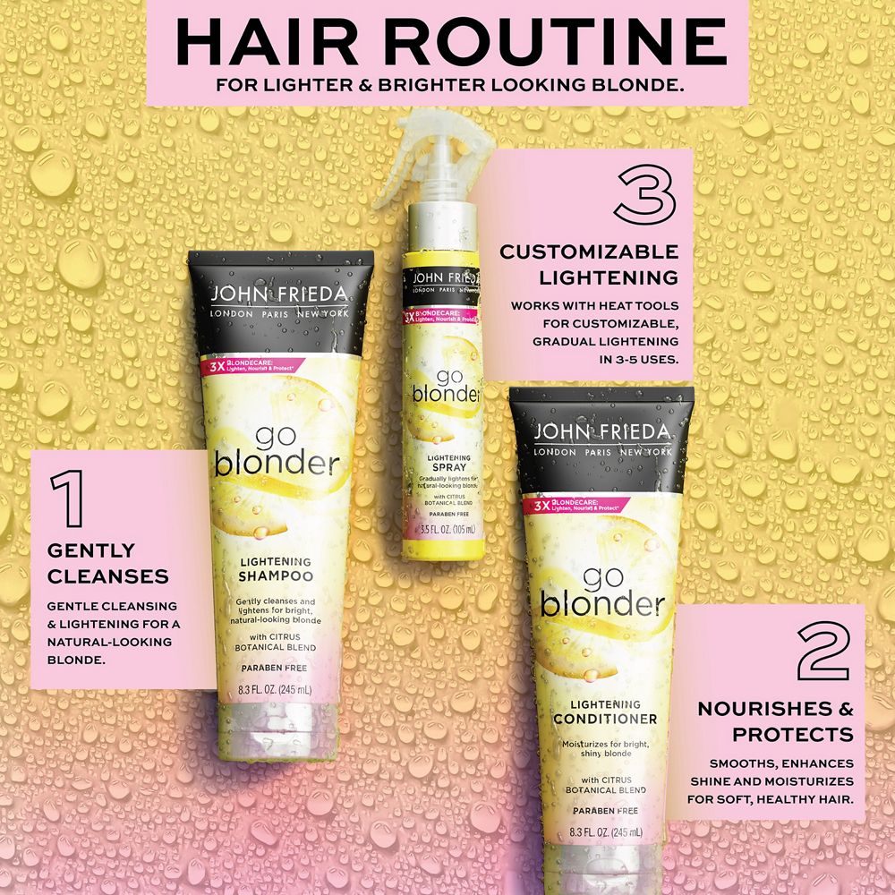 Hair Routine with the Go Blonder Bundle. Step 1, use the Shampoo to gently cleanse and lighten for a natural-looking blonde. Step 2, use the Conditioner to smooth and moisturize and enhance shine, and finally, use the Spray for customizable lightening with heat tools for gradual lightening in 3-5 uses.