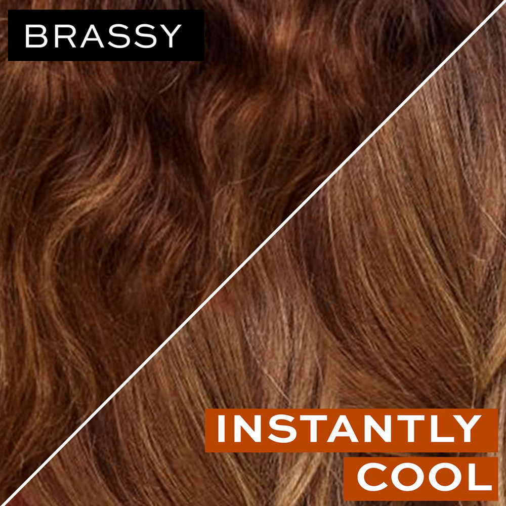 Before/After Brassy vs. Instantly Cool Results When Using Blue Crush for Brunettes Blue Shampoo and Conditioner.