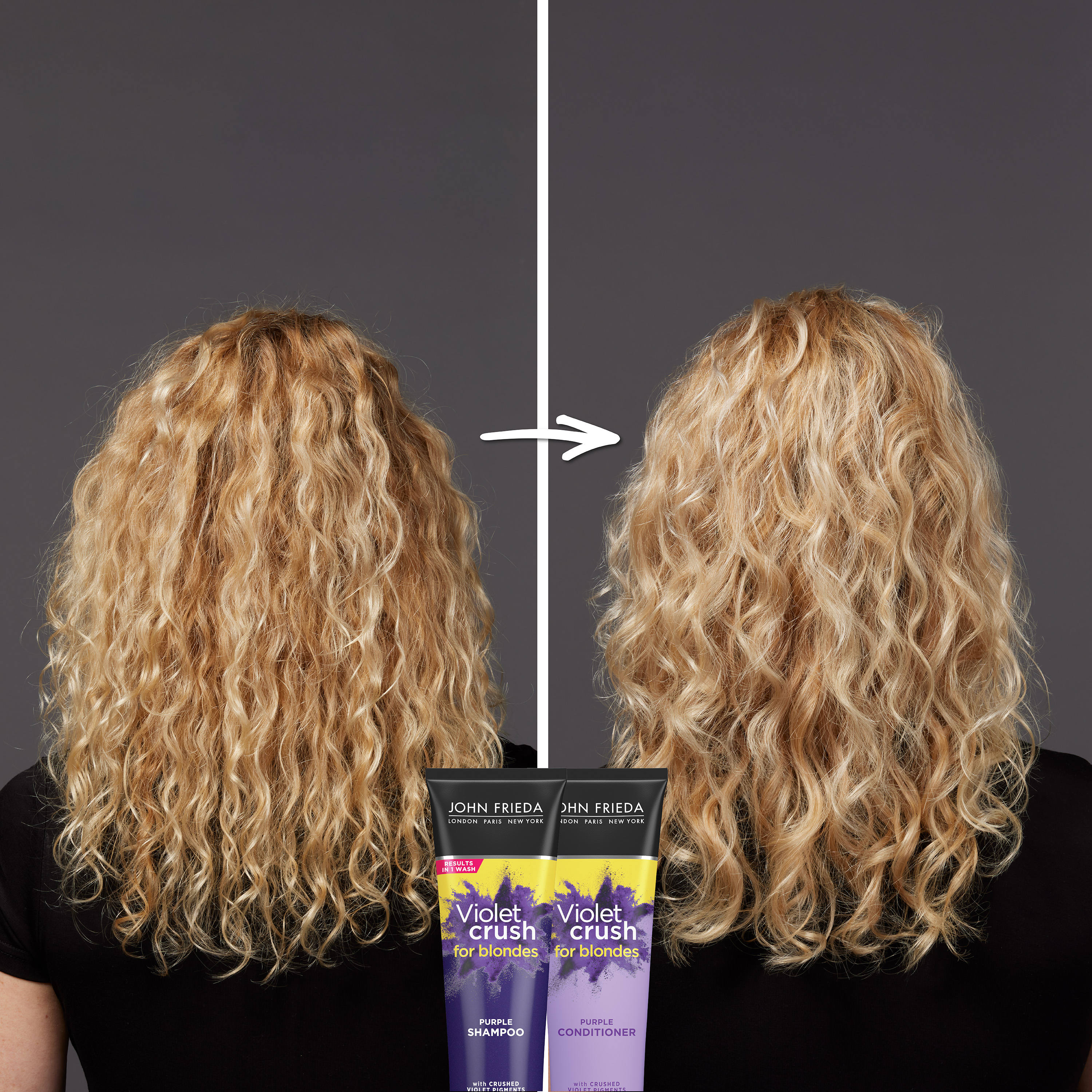 Hair before/after using the Violet Crush Collection.