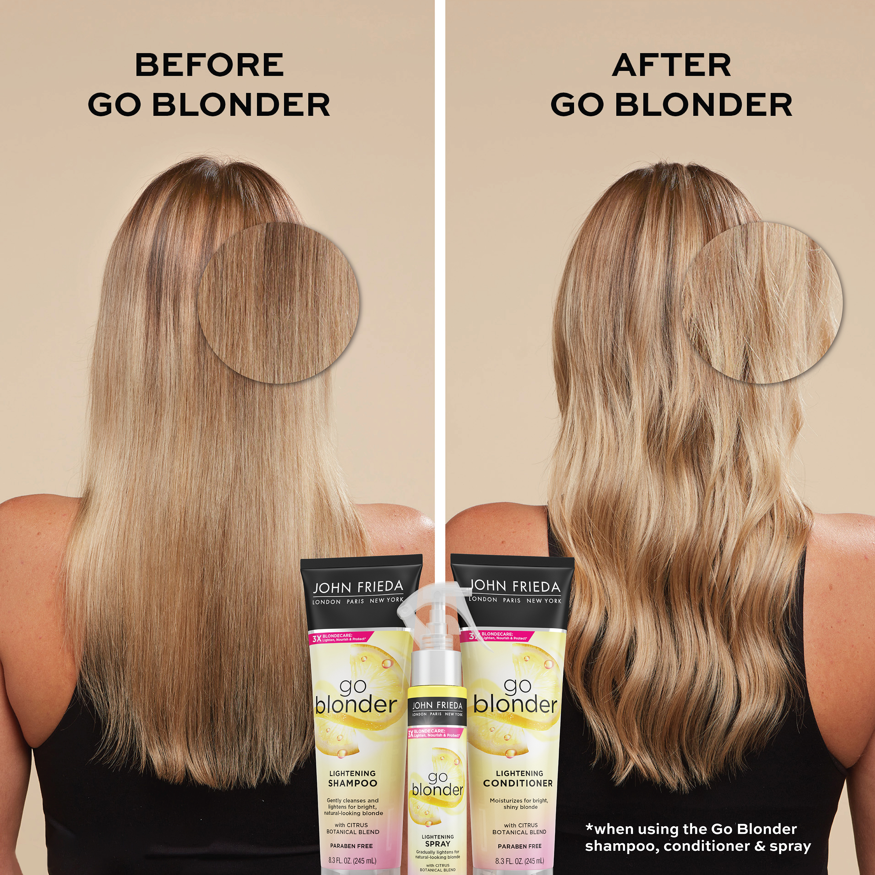 Before/after hair image after using the Go Blonder collection.