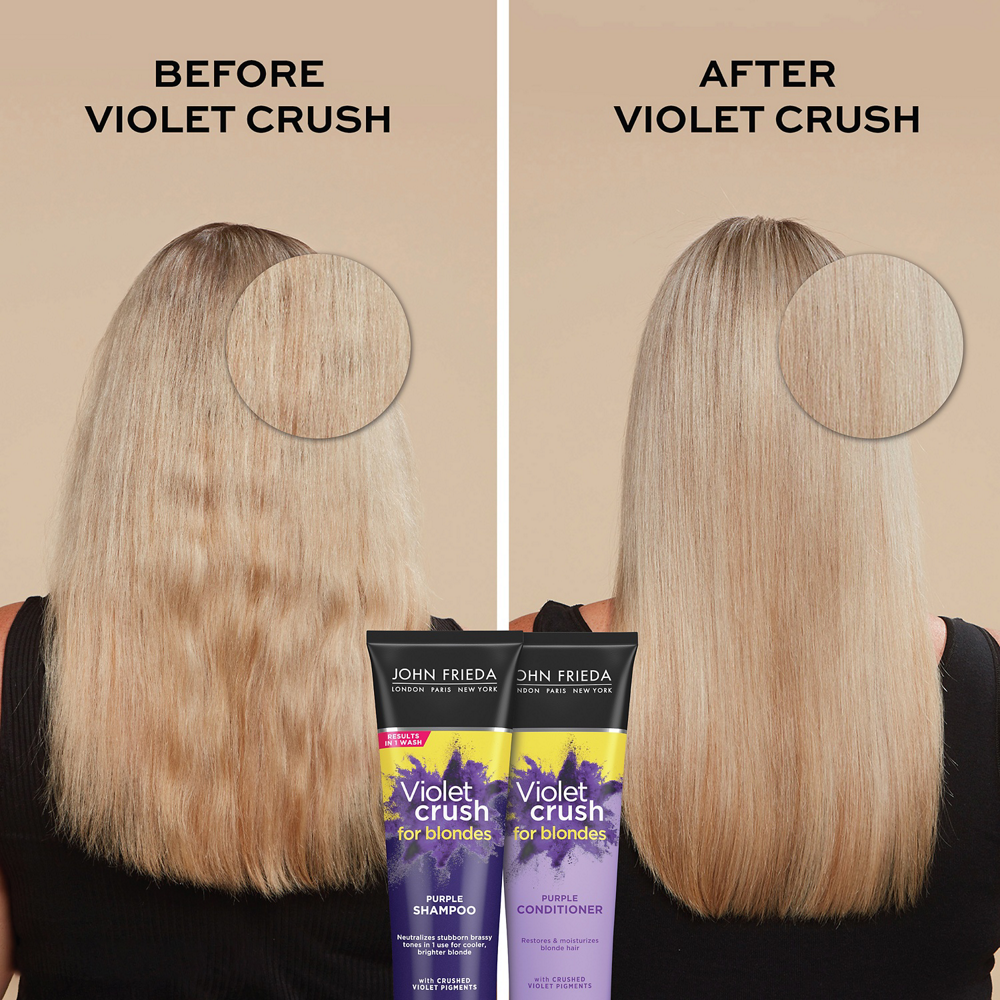 Before and after image of blonde with Violet Crush for Blondes Shampoo and Conditioner