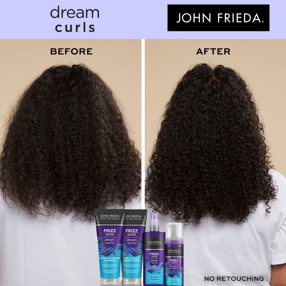 Before/after curly hair after using the Dream Curls Bundle.