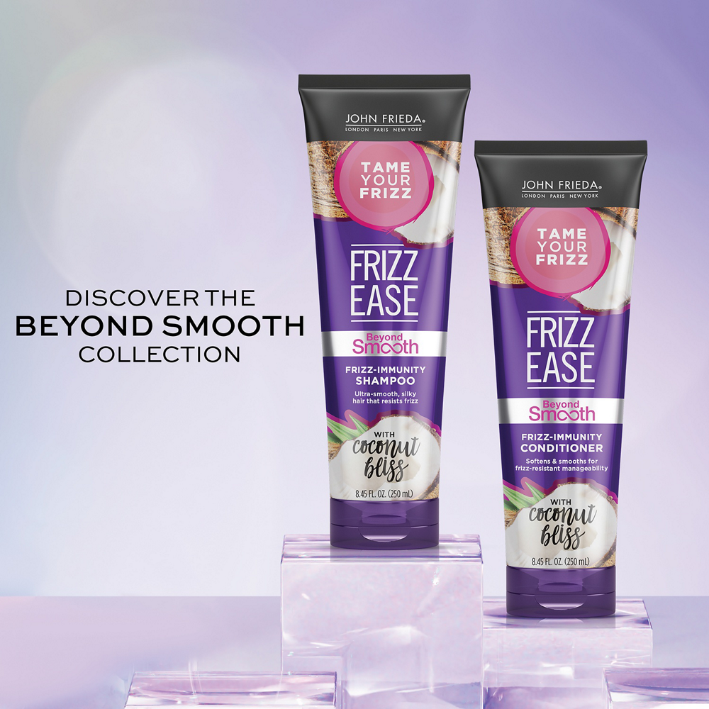 Discover the Beyond Smooth Collection with the Frizz-Immunity Shampoo and Conditioner.