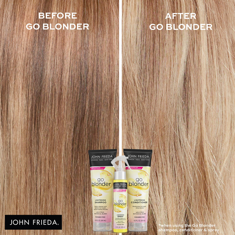 Before/after hair image after using the Go Blonder collection.