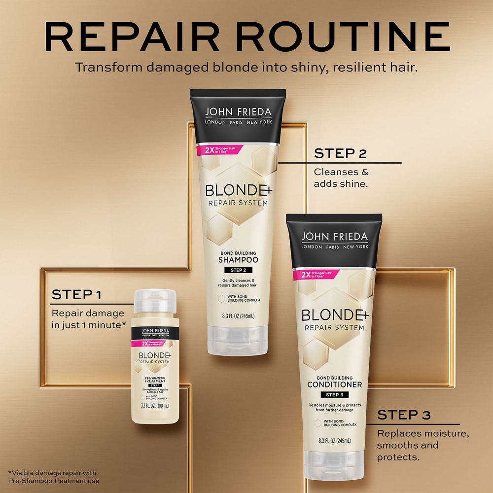 Repair routine to transform damaged blonde into shiny, resilient hair with the new Blonde+ Repair System.