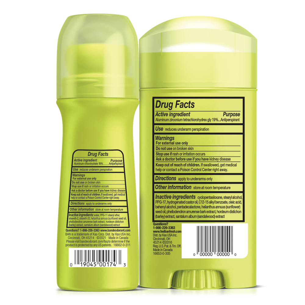 Two green bottles with drug fact labels and upc codes.
