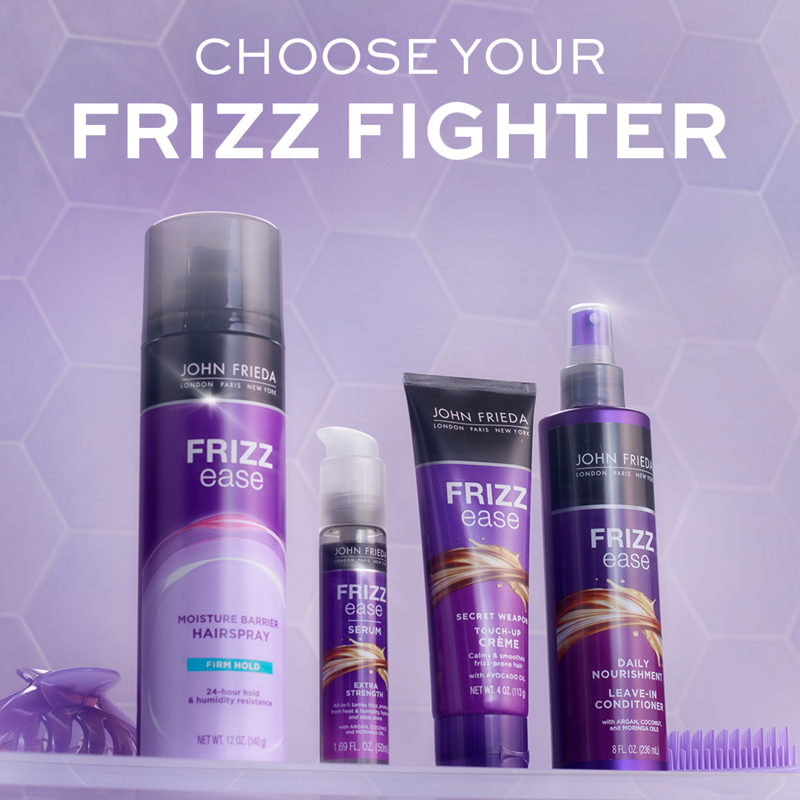 Choose Your Frizz Fighter with Frizz Ease Moisture Barrier Hairspray, Extra Strength Serum, Secret Weapon Touch-Up Creme, and Daily Nourishment Leave-In Conditioner.