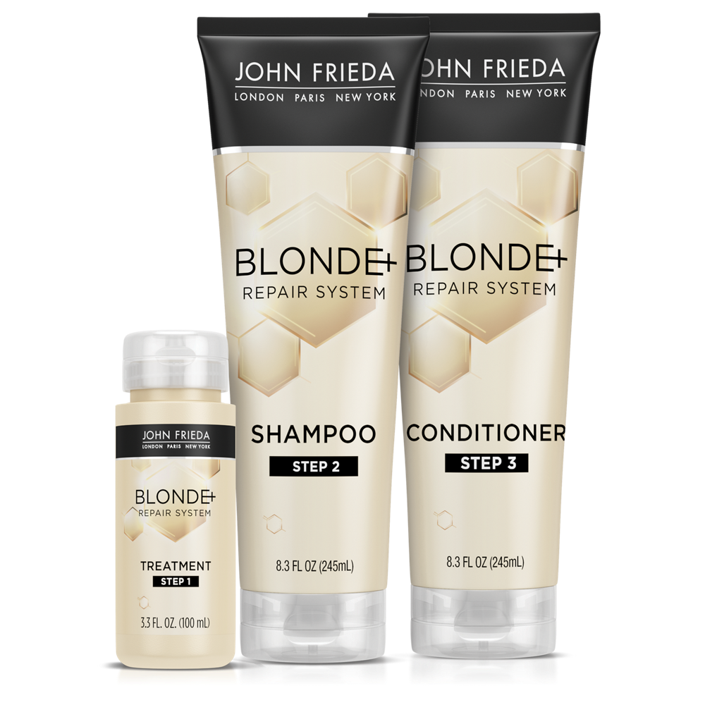 The full Blonde+ Repair System with Pre-Shampoo Treatment and Bond Building Shampoo and Conditioner.