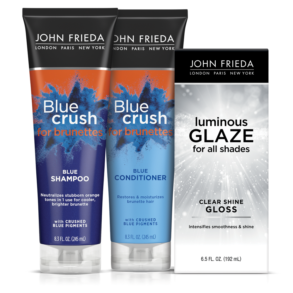 John Frieda Blue Crush Bundle with Blue Shampoo/Conditioner for Brunettes and Luminous Clear Shine Gloss for All Shades
