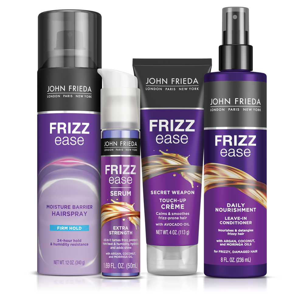 Frizz Ease Moisture Barrier Hairspray, Extra Strength Serum, Secret Weapon Touch-Up Creme, and Daily Nourishment Leave-In Conditioner.