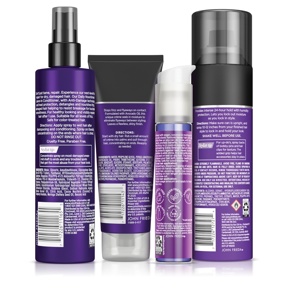 Frizz Ease Moisture Barrier Hairspray, Extra Strength Serum, Secret Weapon Touch-Up Creme, and Daily Nourishment Leave-In Conditioner back of pack