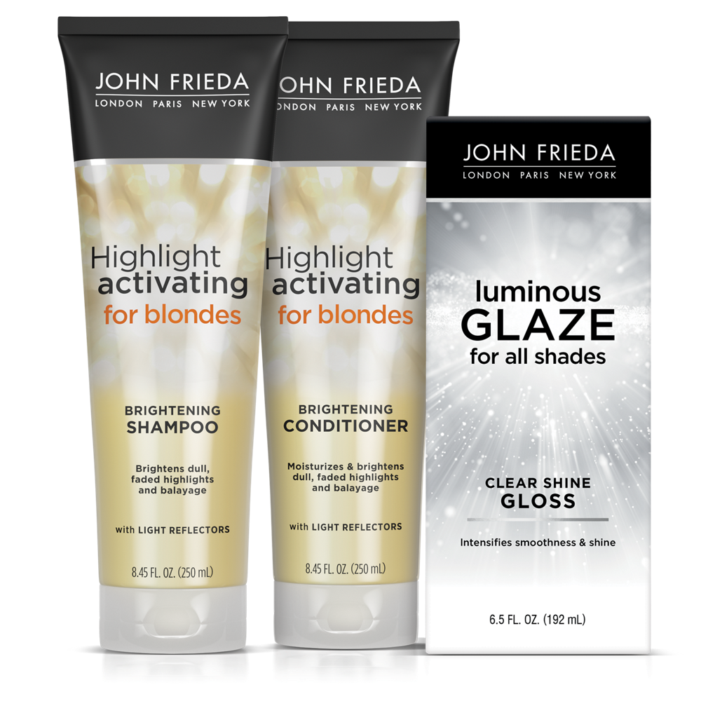 Group Shot Front of Pack: Highlight Activating for Blondes Brightening Shampoo and Conditioner plus the Luminous Glaze for All Shades Clear Shine Gloss.