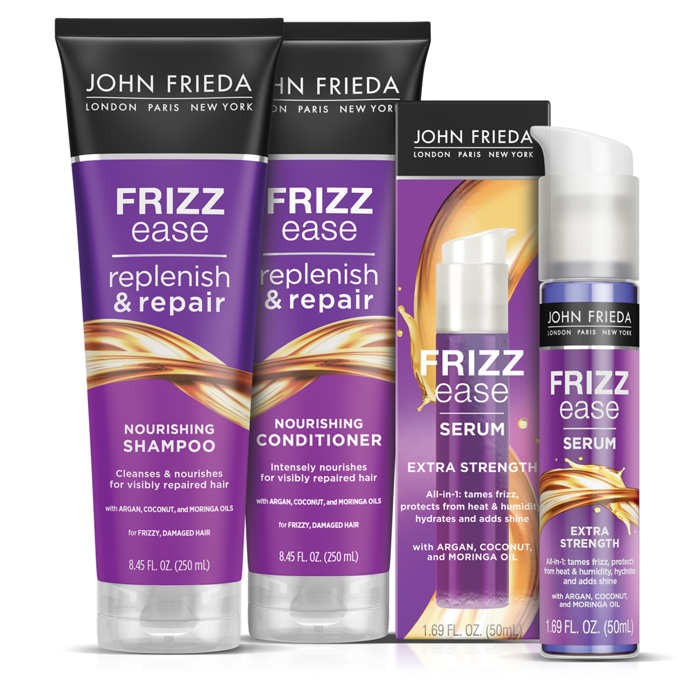 John Frieda Replenish & Repair Bundle with Nourishing Shampoo and Conditioner and Extra-Strength Serum.