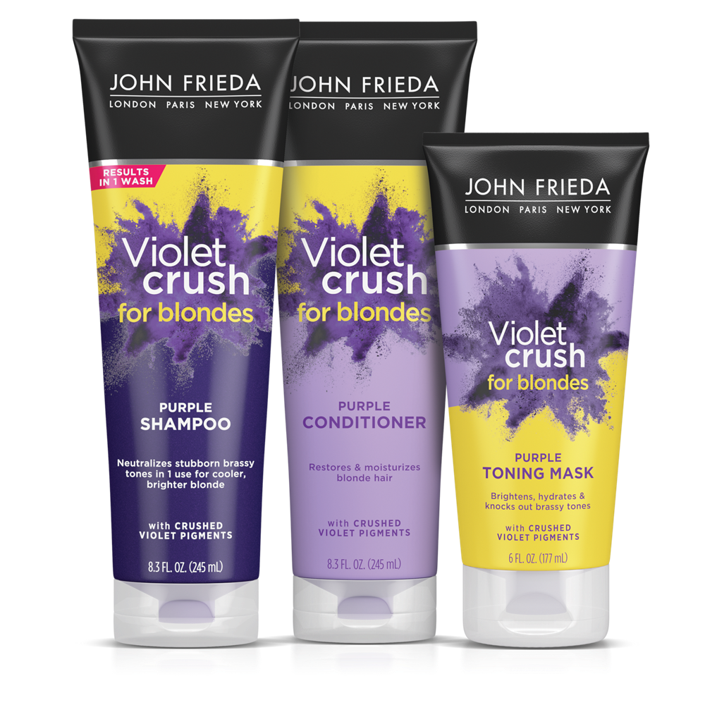John Frieda Violet Crush for Blondes Purple Shampoo and Conditioner and Purple Toning Mask.