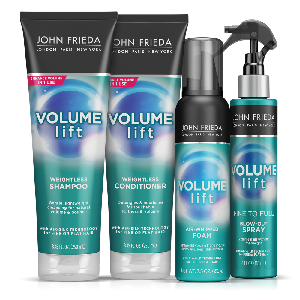 John Frieda Volume Lift Weightless Shampoo and Conditioner, Air-Whipped Foam, and Fine-to-Full Blow-Out Spray.