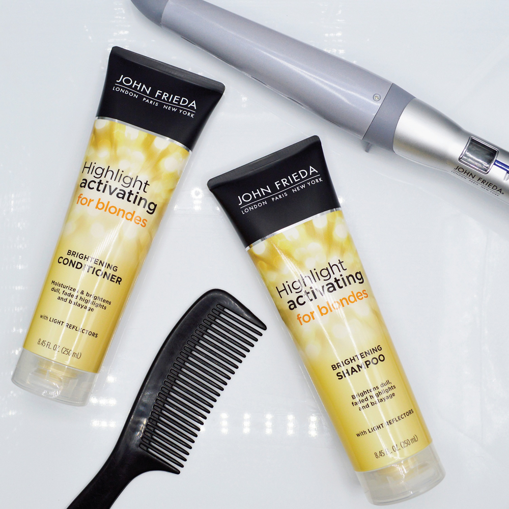 Photo of the Highlight Activating for Blondes Shampoo and Conditioner with hair tools.