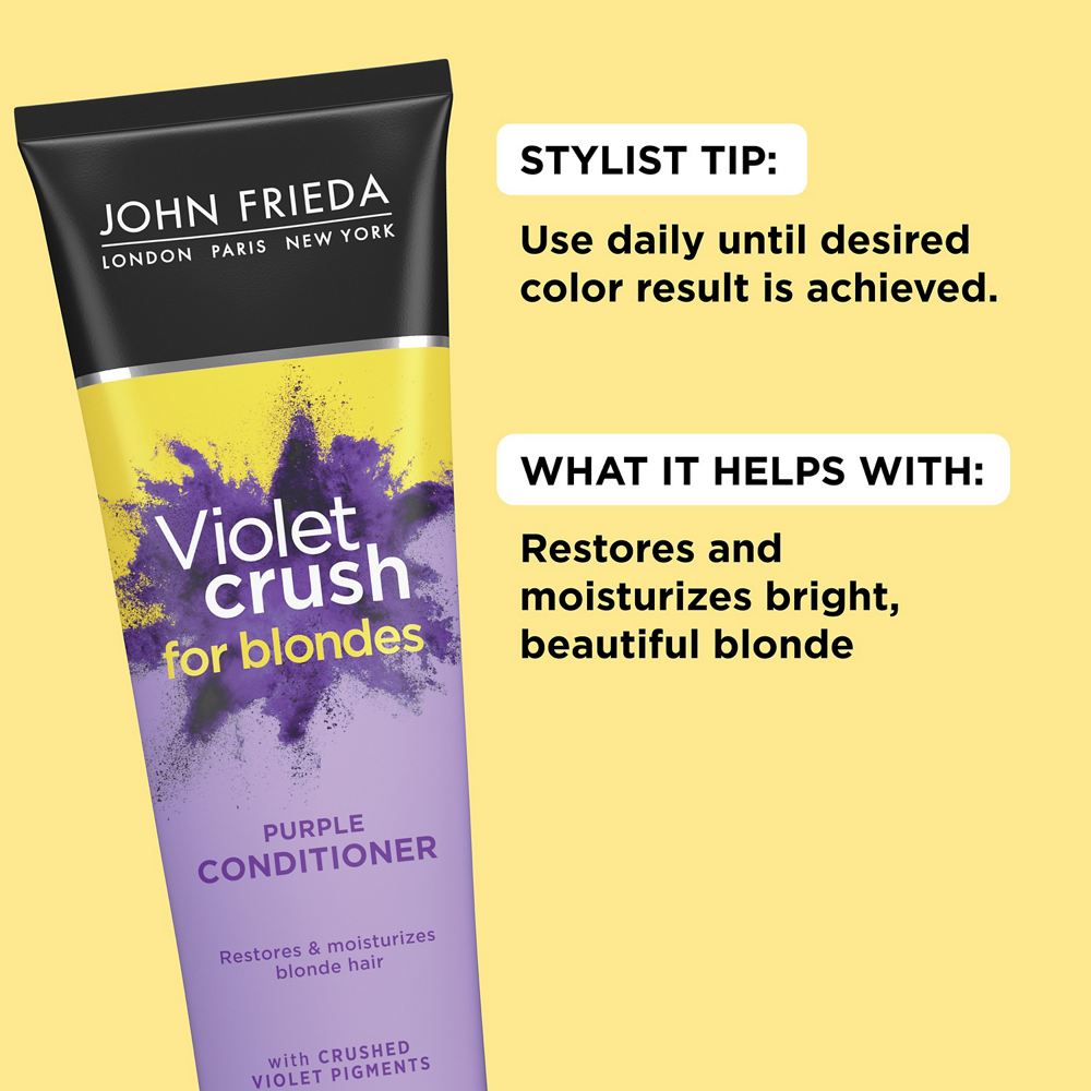 Use the Violet Crush for Blondes Purple Conditioner until color result is achieved. This conditioner restores and moisturizes bright, beautiful blonde.