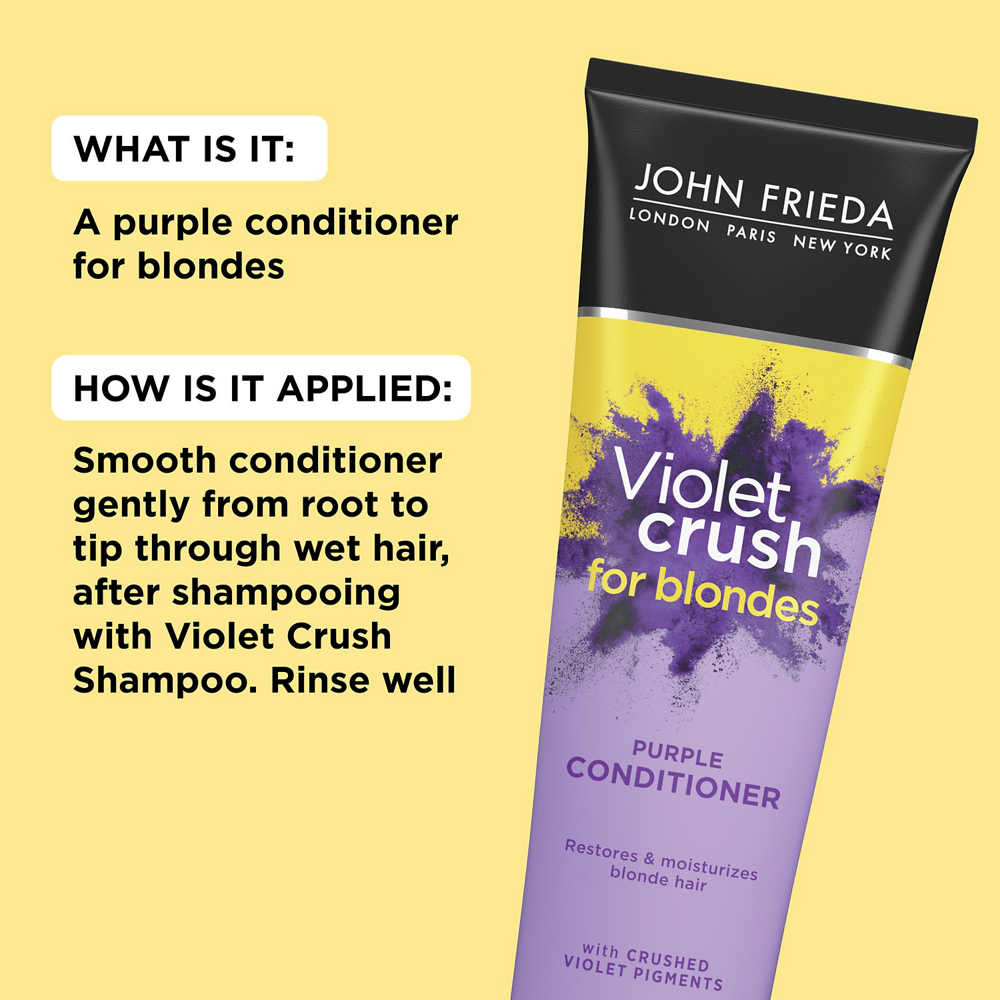 Violet Crush for Blondes Purple Conditioner is a purple conditioner for blondes. to use, smooth conditioner gently from root to tip through wet hair, after shampooing with Violet Crush Shampoo. Rinse well.