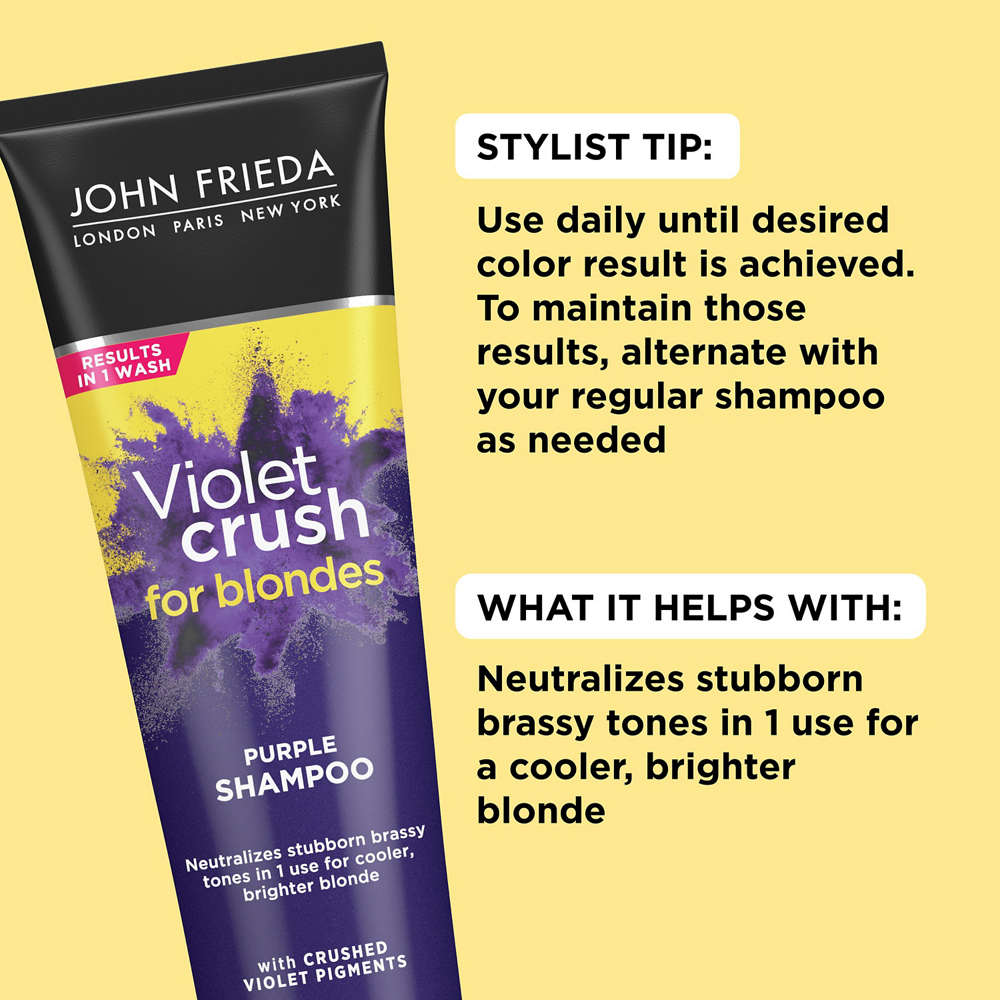 Use the Violet Crush for Blondes Shampoo daily until desired color result is achieved. To maintain those results, alternate with your regular shampoo as needed. This product helps neutralize stubborn brassy tones in 1 use for a cooler, brighter blonde.
