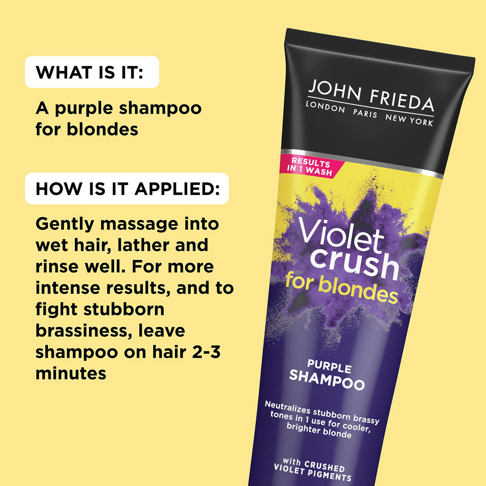 Violet Crush for Blondes Shampoo is a purple shampoo for blondes. To use, gently massage into wet hair, lather, and rinse well. For more intense results, and to fight stubborn brassiness, leave shampoo on hair 2-3 minutes.