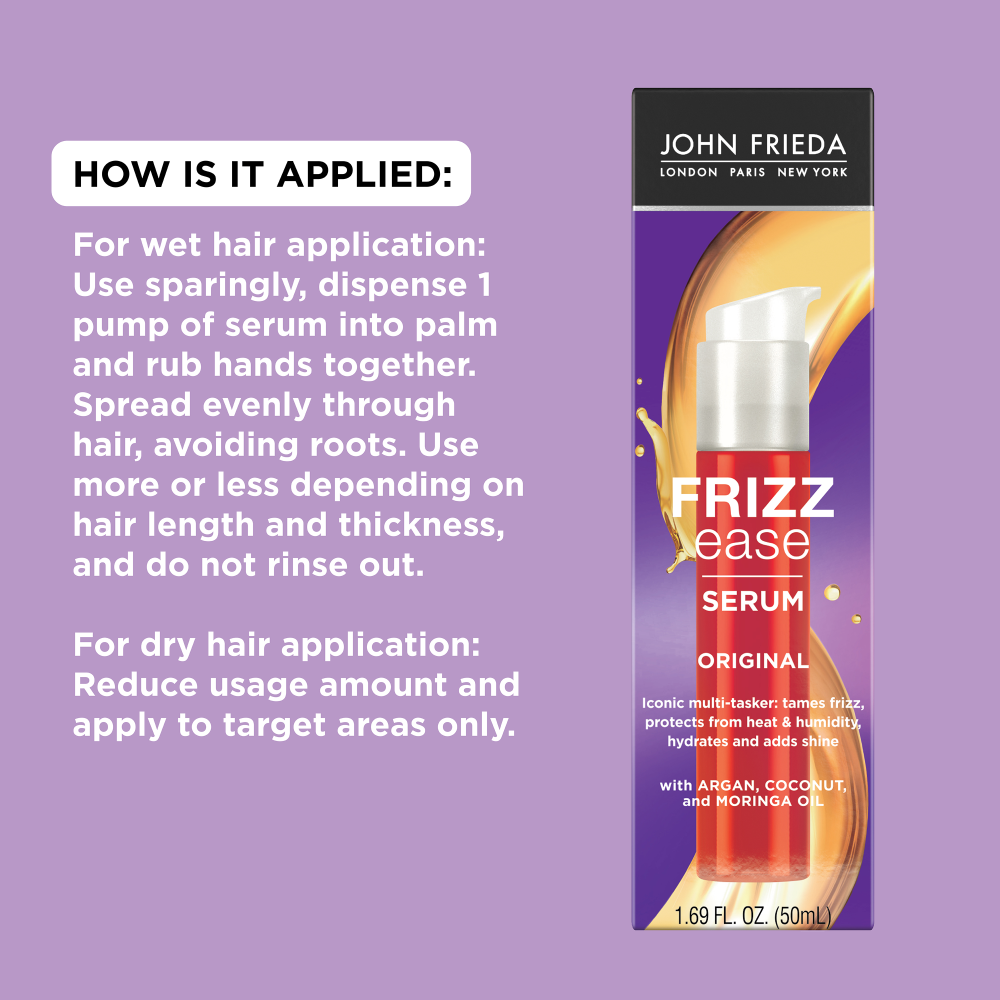 How is it applied: For wet hair application: Use sparingly, dispense 1 pump of serum into palm and rub hands together. Spread evenly through hair, avoiding roots. Use more or less depending on hair length and thickness, and do not rinse out. For dry hair application: Reduce usage amount and apply to target areas only. 