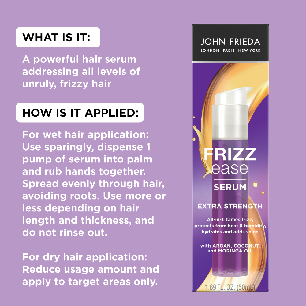What it it: A powerful hair serum addressing all levels of unruly, frizzy hair. How is it applied: For wet hair application: Use sparingly, dispense 1 pump of serum into palm and rub hands together. Spread evenly through hair, avoiding roots. Use more or less depending on hair length and thickness, and do not rinse out. For dry hair application: Reduce usage amount and apply to target areas only. 