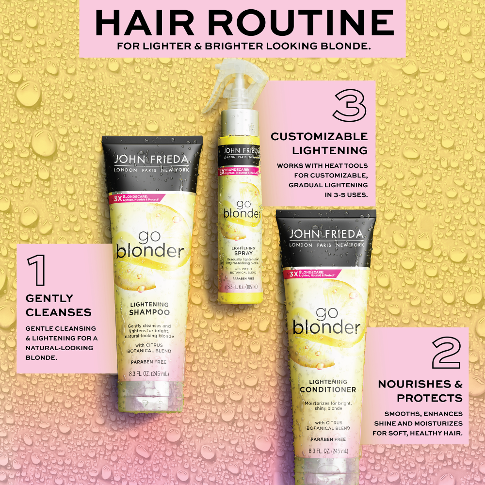 Hair routine for lighter and brighter looking blonde. 1 - Gently cleanses. Gentle cleansing and lightening for a natural looking blonde. 2 - Nourishes and protects. Smoothes, enhances shine and moisturizes for soft, healthy hair. 3 - Customizable lightening. Works with heat tools for customizable, gradual lightening in  3-5 uses.