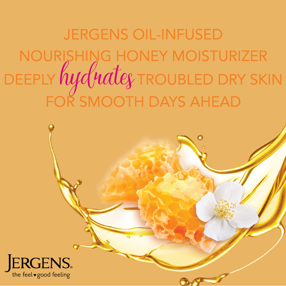 Jergens oil-infused nourishing honey moisturizer deeply hydrates troubled dry skin for smooth days ahead.